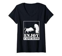 Womens Enjoy Capitalism Bulls and Bears V-Neck T-Shirt