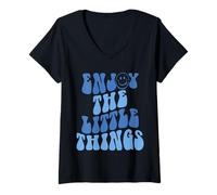 Womens Enjoy The Little Things Happy Face Aesthetic V-Neck T-Shirt