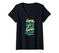 Women's Enjoy The Surf Laguna Beach California Retro Style Surfing V-Neck T-Shirt