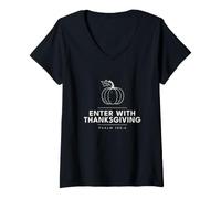 Women's Enter with Thanksgiving Psalm 100:4 Pumpkin Line Art V-Neck T-Shirt