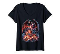 Womens Epic Christmas Fantasy - MMO Mystic Santa Riding Dragon V-Neck T-Shirt
