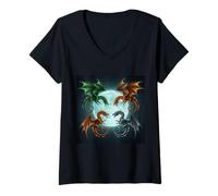 Women's Epic Dragon Battle Under The Full Moon Fantasy Art V-Neck T-Shirt