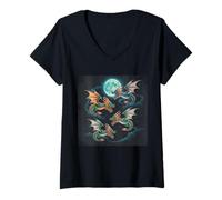 Women's Epic Dragon Battle Under The Full Moon Fantasy Art V-Neck T-Shirt