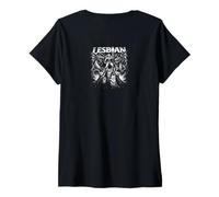 Women's Epic Lesbian Pride Fantasy Warrior with Cats and Dragons V-Neck T-Shirt