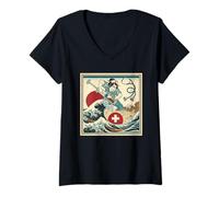 Women's Epic Nurse Samurai Battling Wave Healthcare Hero V-Neck T-Shirt
