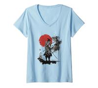 Women's Epic Samurai Art Silhouette Against Bold Japan V-Neck T-Shirt