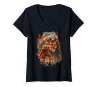 Women's Epic Sci Fi Fire T-rex and Space Adventurer Artwork V-Neck T-Shirt