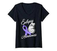 Womens Epilepsy Awareness Butterfly Ribbon Epilepsy Support V-Neck T-Shirt