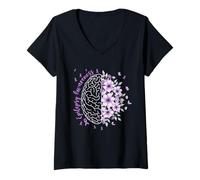 Womens Epilepsy Awareness Floral Brain Purple Ribbon Warrior Women V-Neck T-Shirt