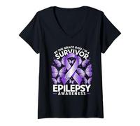 Womens Epilepsy Awareness Month I'm A Survivor Purple Ribbon V-Neck T-Shirt