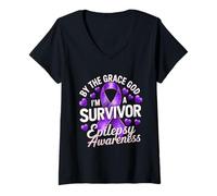 Women's Epilepsy Awareness Month Purple Ribbon I'm A Survivor V-Neck T-Shirt