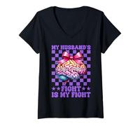 Womens Epilepsy Awareness Wife My Husband's Fight is My Fight V-Neck T-Shirt