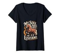 Womens Equestrian My Soul Rides with My Lusitano V-Neck T-Shirt