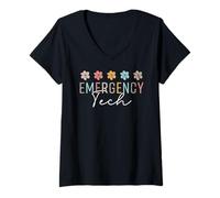 Womens ER Tech Emergency Department Technician ED Room Floral Cute V-Neck T-Shirt