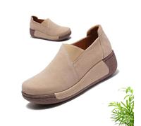 Women's Ergonomic Pain Relief Arch Support Leather Shoes Rocker Bottom Shoes Orthopedic Shoes for Women Wide Fit Comfy Lightweight Platform Trainers Nurse (Khaki,6.5)