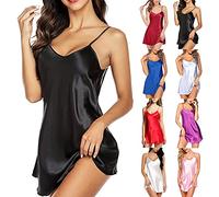 Women's Erotic Apparel Satin Lace Trim Deep V-Neck Backless Nightdress Sexy Spaghetti Strap Ultra-Short Chemises Full Slips Sleepwear Mesh Pajamas Nightgown