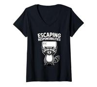 Women's Escaping Responsibilities Raccoon V-Neck T-Shirt