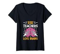 Women's ESE Teacher Love Brains Funny Halloween School V-Neck T-Shirt