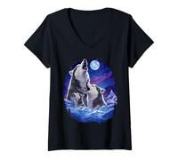 Women's Eskimo Dog Mom - Three Sled Dog Howling at The Moon Night V-Neck T-Shirt