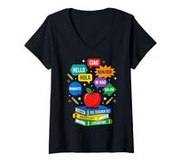 Women's ESL Teacher Hello Languages Multilingual World Greetings V-Neck T-Shirt