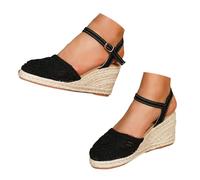 Womens Espadrille ls Summer Toe Slip On l Buckle Strap Wide Width s Pumps Non-Slip Slingback Woven Low Heels Casual Comfort Vacation Dress Shoes Black