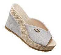 Women'S Espadrille Platform Heels Lace Wedge Heel Sandals, Open Toe Linen Mules For Women, Thick-Soled Non-Slip Slippers, Lightweight Comfortable Retro Shoes for Daily Home Leisure Time