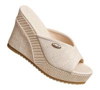 Women'S Espadrille Platform Heels Lace Wedge Heel Sandals, Open Toe Linen Mules For Women, Thick-Soled Non-Slip Slippers, Lightweight Comfortable Retro Shoes for Daily Home Leisure Time