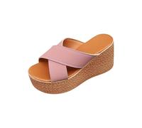 Women's Espadrille Wedge Platform Slide Sandals Crisscross Blue Strap Thick Sole Footwear Slip- On Open Toe Chunky Heel Classic Glamour Slippers Casual Summer Beach Shoes (Pink, 7)