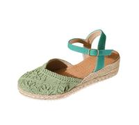 Women's Espadrille Wedge Sandals Crochet Lace Ankle Strap Summer Platform Shoes Mid Heel Boho Slingback Holiday Footwear Green