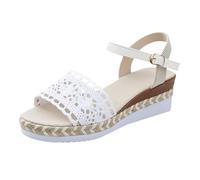 Womens Espadrille Wedge Sandals Crochet Lace Open Toe Summer Shoes Ankle Strap Flatform Adjustable Beige