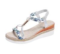Women's Espadrille Wedge Sandals with Floral Braided Straps | Comfortable Summer Holiday Platform Shoes | Casual Open Toe Elastic Ankle Strap Footwear Silver