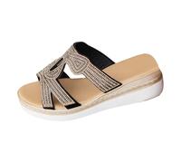 Women's Espadrille Wedge Slides hinestone Glitter Chunky Heel Solid Upper Slippers Thick Platform Hollow Open Toe Casual Comfortable Sandals for Casual Summer Wearing Walking (Black, 7)