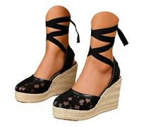 Women's Espadrilles Platform Wedge Sandals, Closed Toe Lace-Up Ankle Strap Rome High Heel Sandals Mesh Flower Embroideried Platform Heels Comfortable Dressy Beach Vocation Summer Shoes