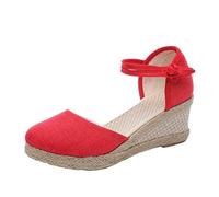 Women's Espadrilles Sandals, Breathable Cheap Women's Shoes Closed Soft Espadrilles with Wedge Heel Foldable Slip-On Lightweight Casual Shoes Ankle Strap Breathable Slippers, red, 4