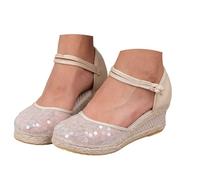 Womens Espadrilles Wedge Sandals Sequin Mesh Breathable Closed Toe Slip-on Round Toe Sandals Casual Summer Waking Sandal Platform Retro Linen Leisure Sandal Fashion Daily Wear (1-A, 6.5)