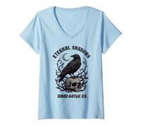 Women's Eternal Shadows Raven Perched On Skull V-Neck T-Shirt