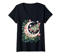 Womens Ethereal Celestial Moth Butterfly Flowers Moon Aesthetic V-Neck T-Shirt
