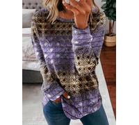 Women's Ethnic Geometric Sweatshirt, Crew Neck Long Sleeve Casual Tunic Top | Vintage ethnic diamond allover print, gradient color tone, curved split hem, relaxed long sleeve casual tunic