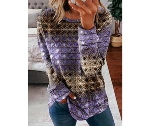 Women's Ethnic Geometric Sweatshirt, Crew Neck Long Sleeve Casual Tunic Top | Vintage ethnic diamond allover print, gradient color tone, curved split hem, relaxed long sleeve casual tunic
