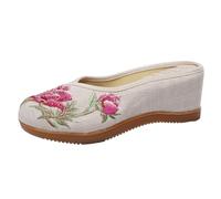 Women's Ethnic Style Embroidered Flower Hidden Wedge Shoes Lightweight Comfort Closed Toe Slippers Chinese Style Casual Mules Non-Slip Home Slippers(Beige,4 UK)