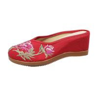 Women's Ethnic Style Embroidered Flower Hidden Wedge Shoes Lightweight Comfort Closed Toe Slippers Chinese Style Casual Mules Non-Slip Home Slippers(Red,7 UK)