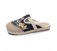 Women's Ethnic Style Floral Embroidered Linen Slippers Vintage Chinese Style Folk-Custom Shoes Lightweight Comfort Closed Toe Slippers Non-Slip Home Slippers(Black,4.5 UK)