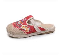 Women's Ethnic Style Floral Embroidered Linen Slippers Vintage Chinese Style Folk-Custom Shoes Lightweight Comfort Closed Toe Slippers Non-Slip Home Slippers(Red,5 UK)