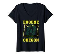 Women's Eugene Oregon Retro Minimalist Pine Tree and OR State Map V-Neck T-Shirt