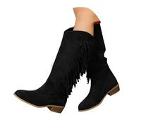 Women's Europe and The US Big Yards Suede Mid Calf Tassel Boots Women's New Head with Hundred Models Tassel Boots Boots Women Size 6 (Black, 4)