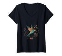 Womens European Bee-Eater Bird with Pink Blossoms Wildlife Art V-Neck T-Shirt