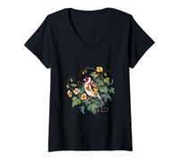 Womens European Goldfinch Bird with Ivy and Yellow Flowers V-Neck T-Shirt