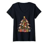 Womens European Robin Bird Christmas Tree V-Neck T-Shirt