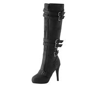Women's European Style Autumn Winter Knee High Boots Side Zipper Round Toe Thin Heel Belt Buckle Fashion Footwear (Black, 4.5)