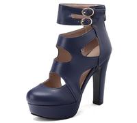 Women's European Style Platform High Heels Pointed Toe Cut Out Sandal Boots Chunky Block Heel Double Buckle Strap Fashion Dress Shoes,Blue,14 UK